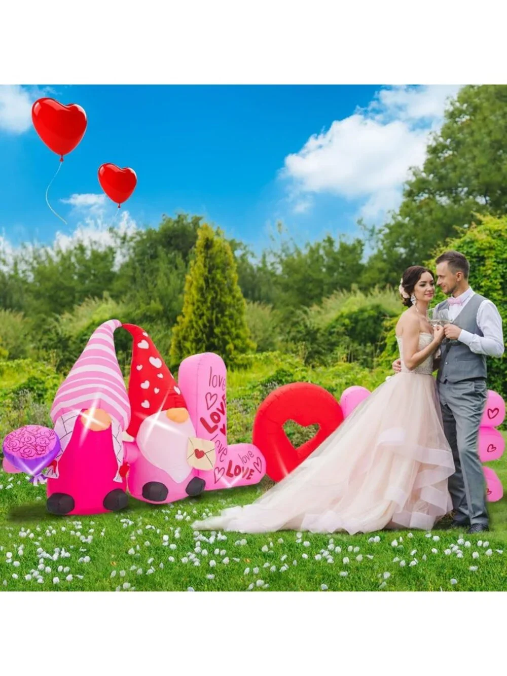 12FT Valentine's Day Inflatable Gnome with Rose - LED Outdoor Yard Decor, Spring